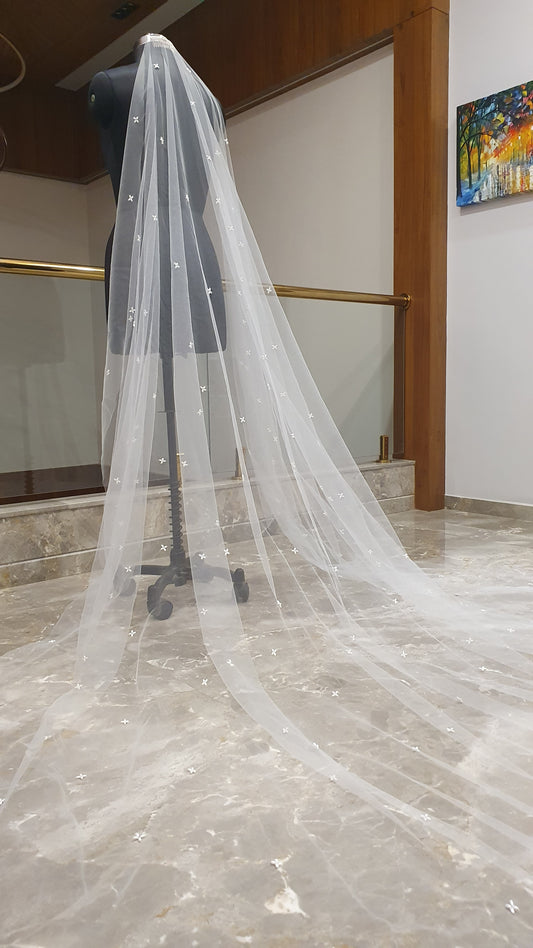 Aurora Bloom – Handcrafted Pearl & Floral Cathedral Veil | Luxury Bridal Veil