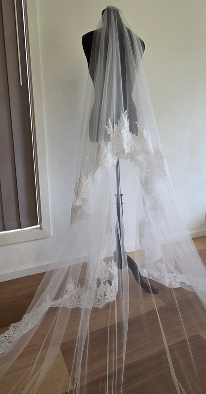 Milk - French Lace Cathedral Wedding Veil with Blusher