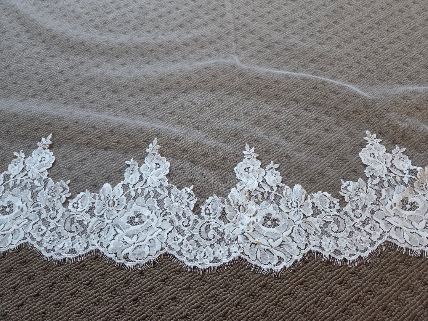 Chantilly lace Cathedral Wedding Veil with Blusher, unique and statement thick lace trim- Rosa