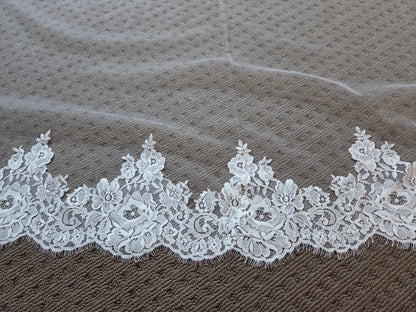 Chantilly lace Cathedral Wedding Veil with Blusher, unique and statement thick lace trim- Rosa