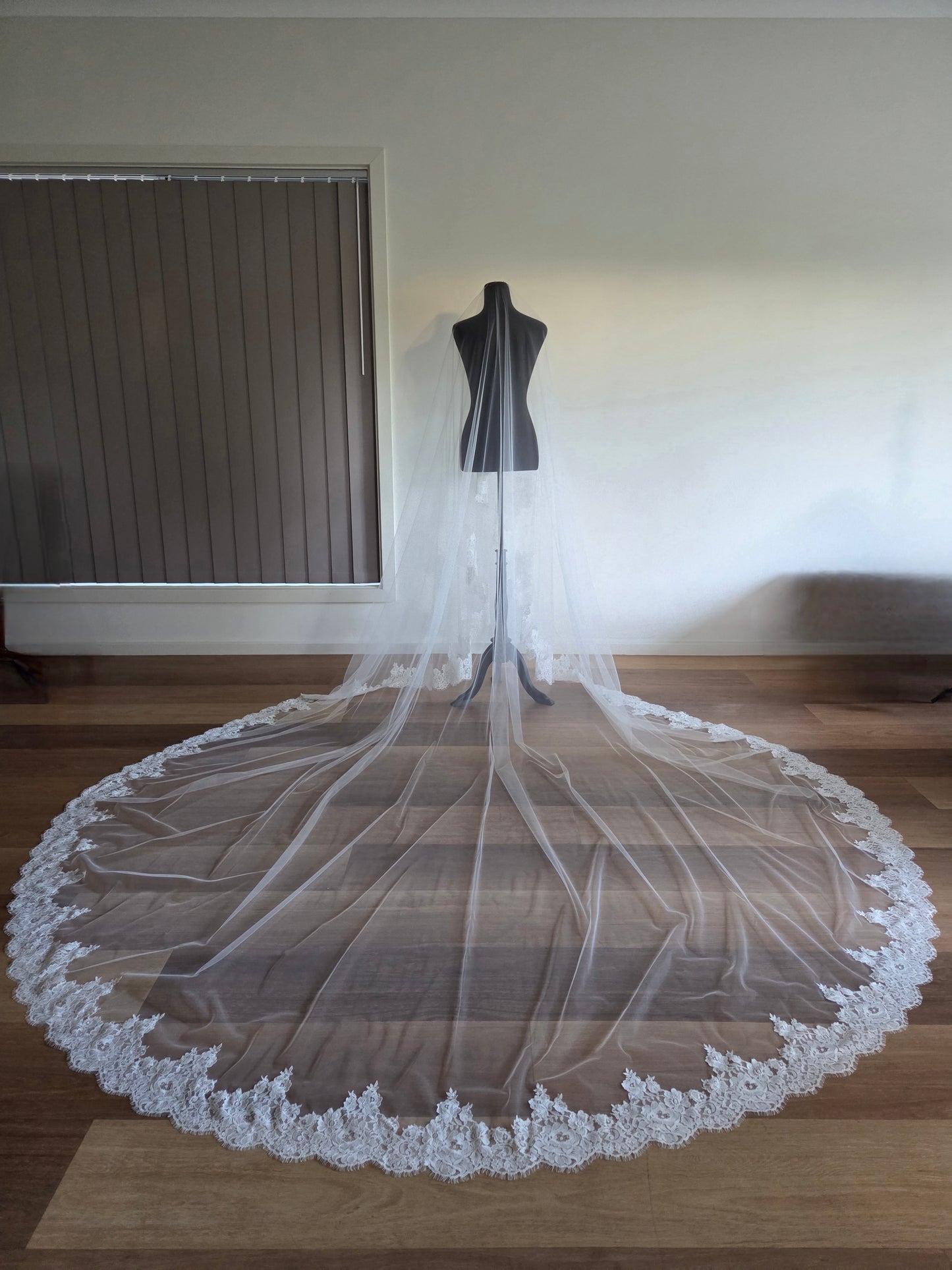 Chantilly lace Cathedral Wedding Veil with Blusher, unique and statement thick lace trim- Rosa