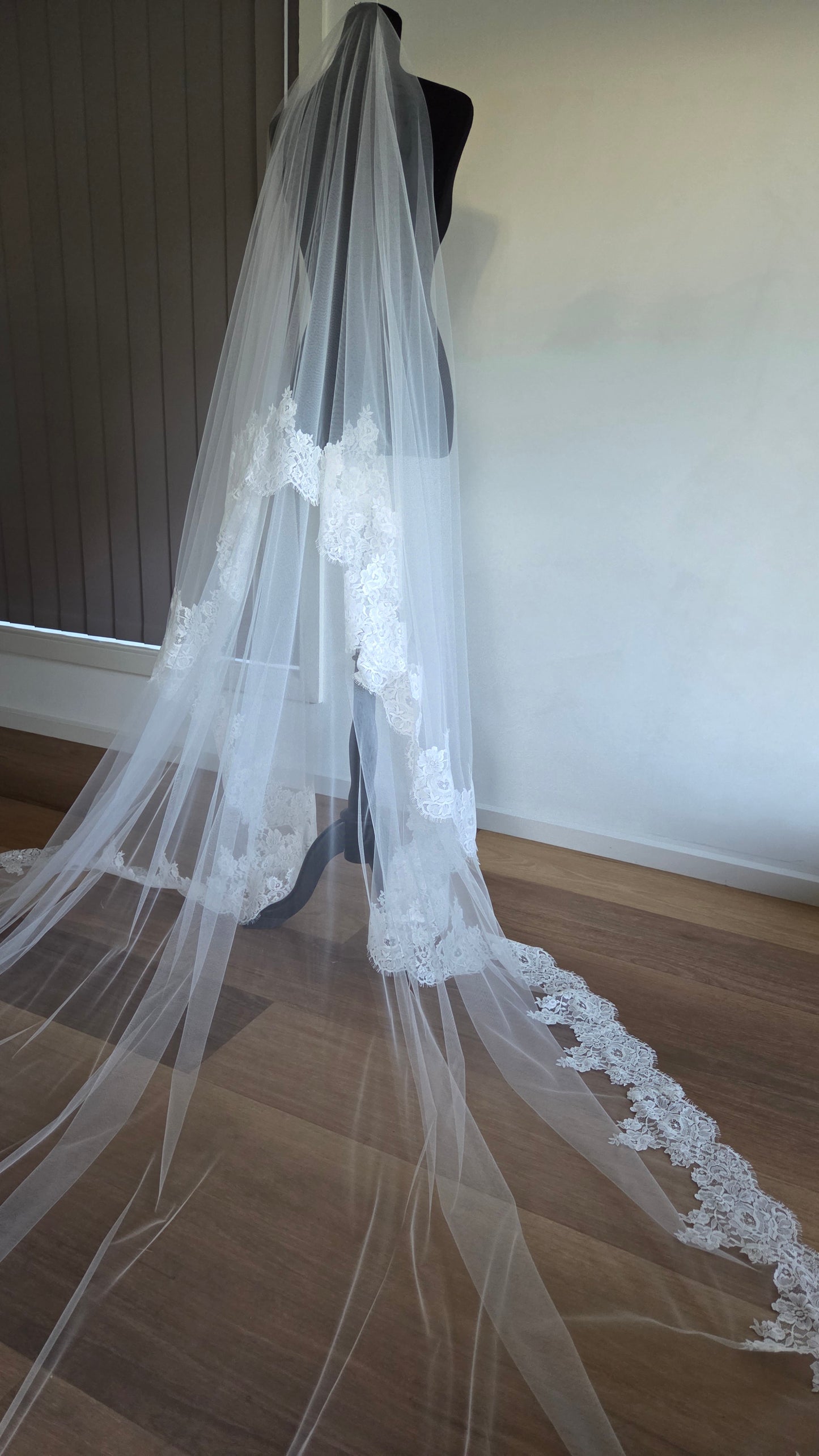 Chantilly lace Cathedral Wedding Veil with Blusher, unique and statement thick lace trim- Rosa