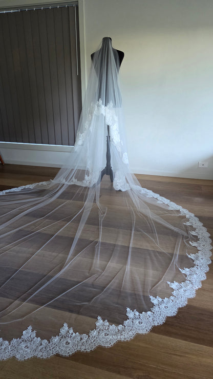 Chantilly lace Cathedral Wedding Veil with Blusher, unique and statement thick lace trim- Rosa