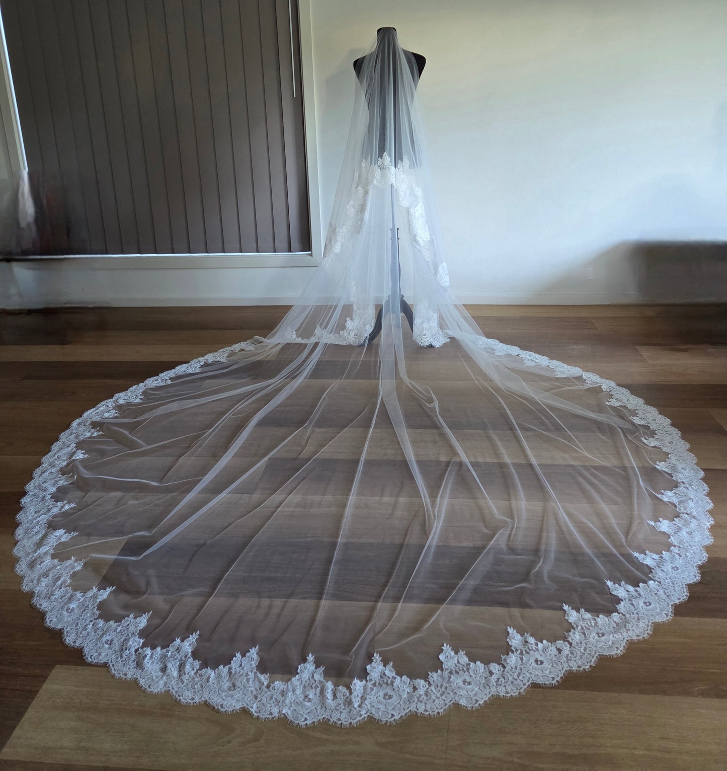 Chantilly lace Cathedral Wedding Veil with Blusher, unique and statement thick lace trim- Rosa