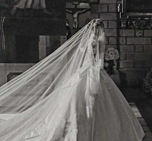 Chantilly lace Cathedral Wedding Veil with Blusher, unique and statement thick lace trim- Rosa