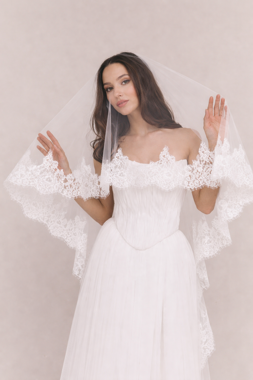 Chantilly lace Cathedral Wedding Veil with Blusher, unique and statement thick lace trim- Rosa